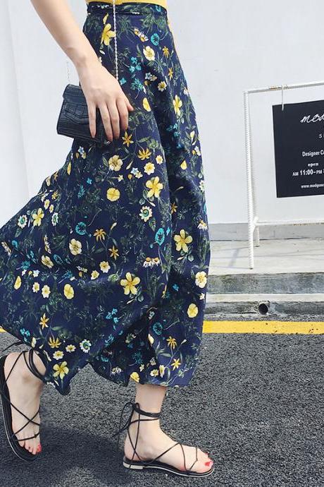 Summer Holiday Charming Women Bohemian Floral Daisy Printed Chiffon Mid Length Wrap One Piece Side Slit Skirt 