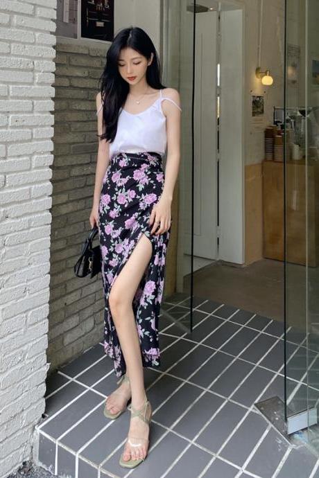 Summer Holiday Sunscreen Beach Charming Women Chiffon Pink Rose Printed Lace Up One Piece Wrap Side Slit Skirt