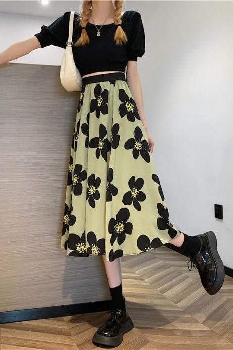 Summer Elegant Women Ladies Lovely Green Color High Waist Loose Floral Pattern Printed Pleated A Line Skirt