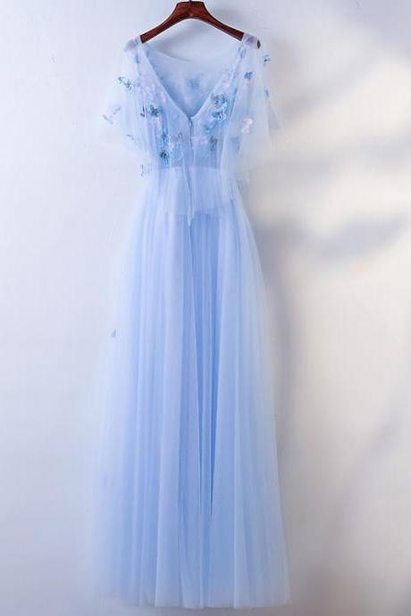 Amazing Gorgeous Pretty Women Butterfly Embroidery Pattern Lace Plus Size Blue Round Neck Flowy Prom Dress