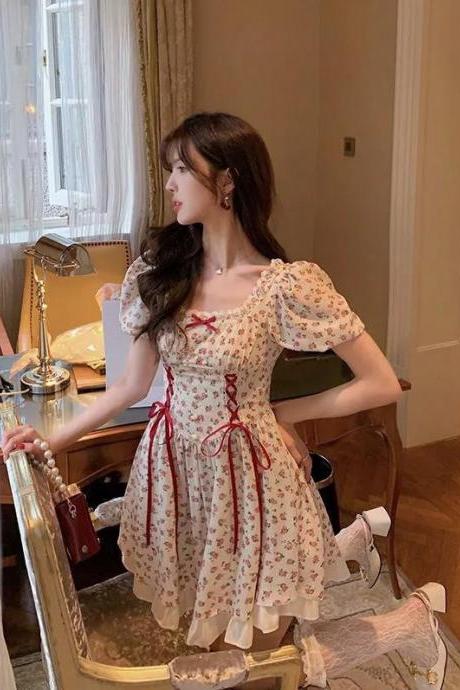 Fairy Summer Sweet Women Floral Printed Puff Sleeve Lace Square Neck High Waist Bow Stitching Lotus Leaf Dress