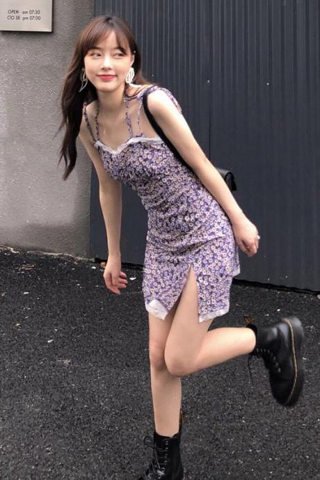 Summer Sexy Look Young Women Purple Spaghetti Strap Floral Printed Lace Strappy Side Split Slit Lace Hem Dress