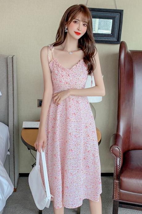 Sweet Women Cosy Floral Pattern Floral Printed Spaghetti Bow Strap Sleeveless Ruffle V Neck A Line Dress