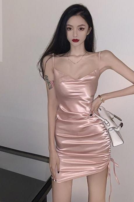 Summer Sexy Women Luxury Pink Pleated V-neck Spaghetti Strap High Waist Side Drawstring Clubbing Bodycon Dress