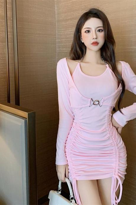 Spring Autumn Temperament Sexy Women Two Pieces Top Long Sleeved Side Drawstring Party Bodycon Dress