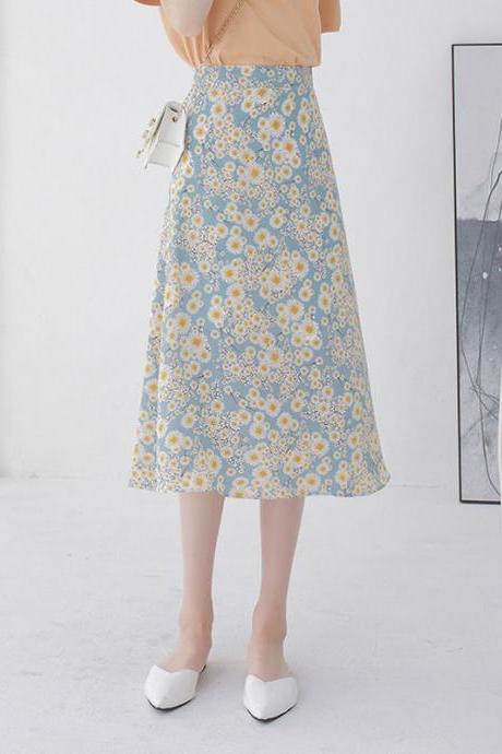 Summer Pretty Women Beautiful Daisy Flower Floral Printed High Waist Chiffon A Line Skirt