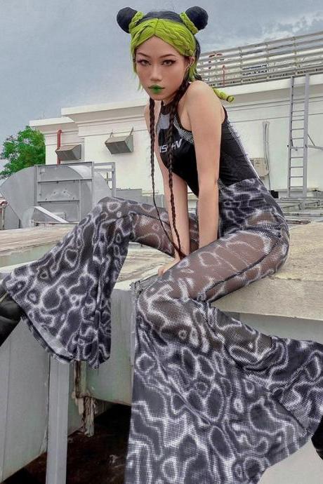 Casual Trendy Women Gothic Black Printing High Waist Gauze See Through Flared Trousers Wide Leg Pants