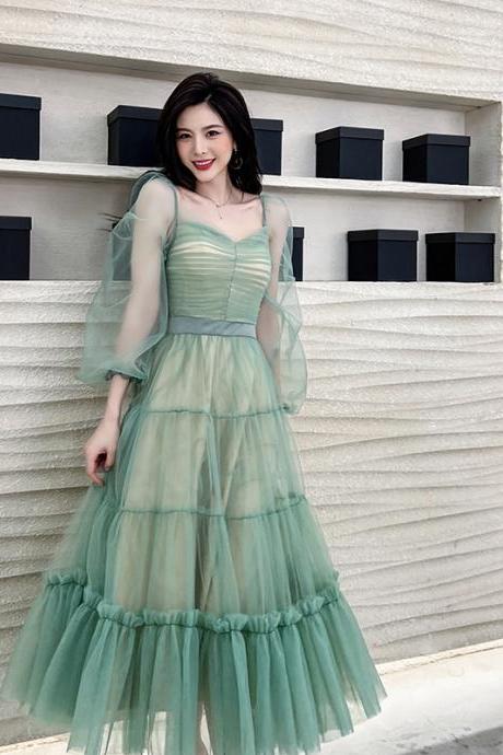 Fairy Elegant Women Retro Princess Ethnic Style V Neck Pleated Waist Mesh Long Sleeve Corset Cake Dress