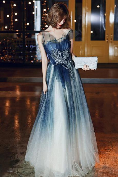 Temperament Women Princess Banquet Sparkle Embroidered Gradient Navy Blue Backless Tube Top High Waist Evening Long Dress