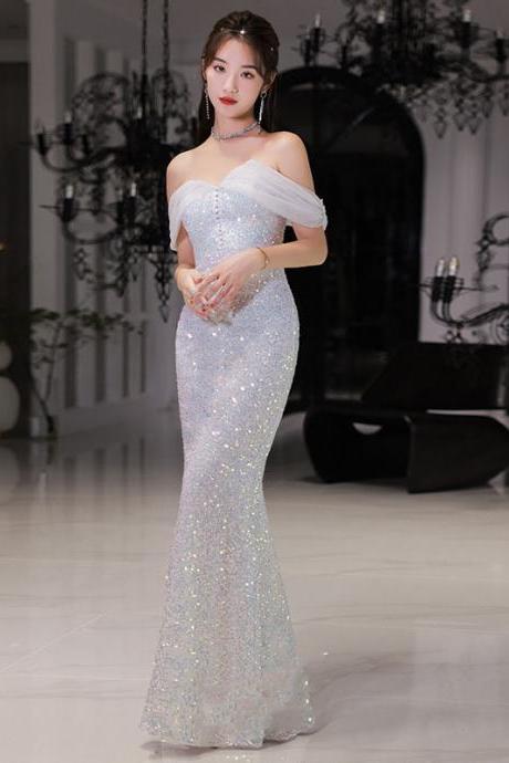 Elegant Luxury Women Shiny Sequin Off shoulder Mermaid Fishtail Prom Evening Long Gown Dress