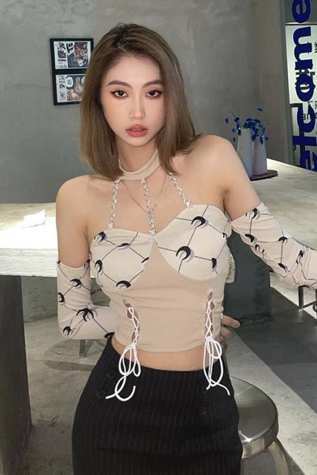 Sexy Trendy Fashion Women Halter Neck Printing Lace Up Chain Top Straps Decorative Detachable Sleeves Vest Tops