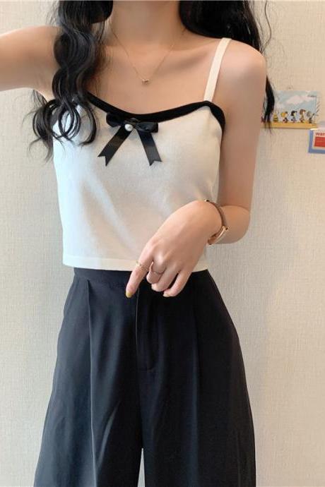 Lovely Chic Women Spaghetti Strap Sling Square Neck Bow Tanktop Outer Wear Camisole Tube Top
