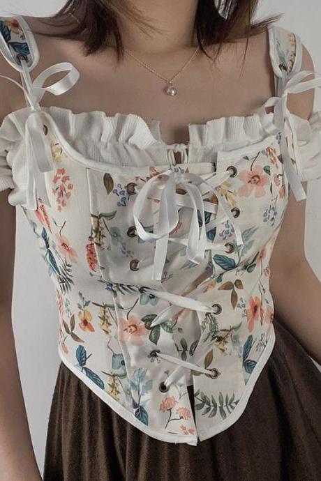 Summer Women Retro Wrap Palace Waist Tie Straps Round Neck Floral Printed Vest Outer Wear Crop Top