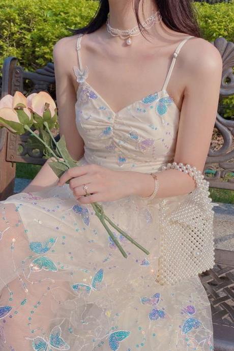 Fairy Sweet Cute Vintage Women Princess Mesh Sequins Butterfly Sparkles Slip Spaghetti Strap Tulle Dress