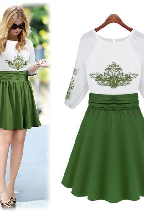 Round-neck Chiffon Green Embroidered Skater Dress With Cuff Sleeves And Ruched Waist