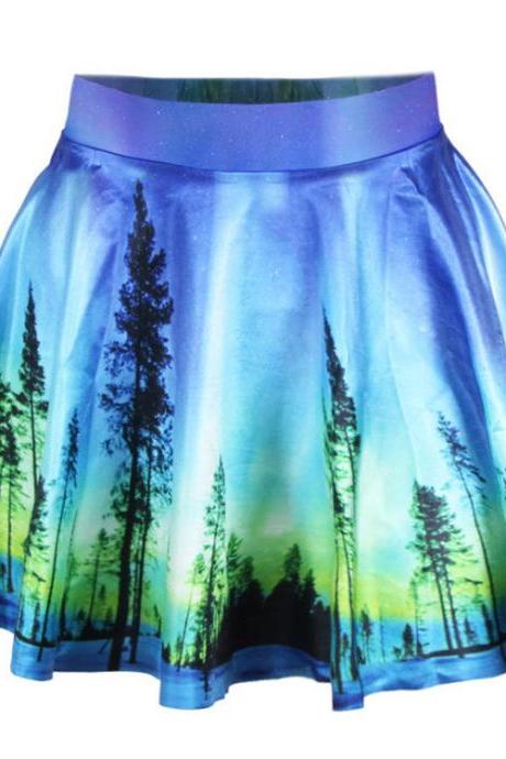 Women Blue Country Side Scenery High Waist Skater Flared Pleated Mini Short Skirt Dress