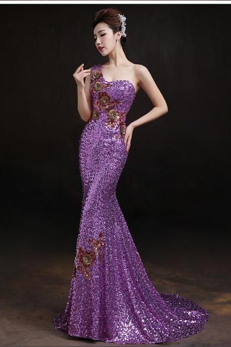 Nice One Shoulder Sequins Mermaid Dress Ball Gown Formal Evening Party Dresses