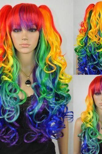Beautiful multi-color Rainbow long curly cosplay long curly wig 2 braids hairnet
