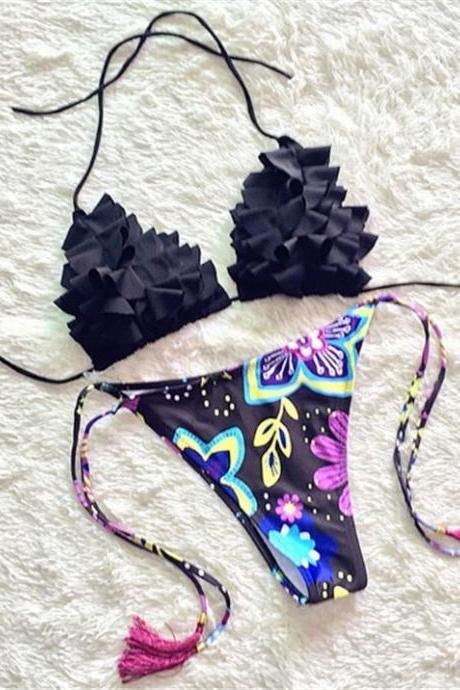 Colored Pattern Women Push Up Bikini Set Padded Bra Triangle Swimsuit Swimwear
