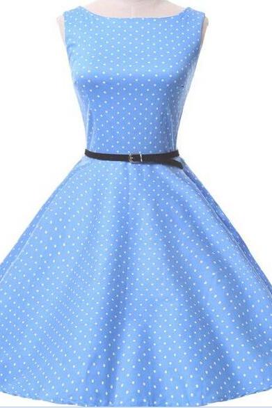 New Classical Style 50s High Waist Vintage Polka Dot Sky Blue Sleeveless Dresses