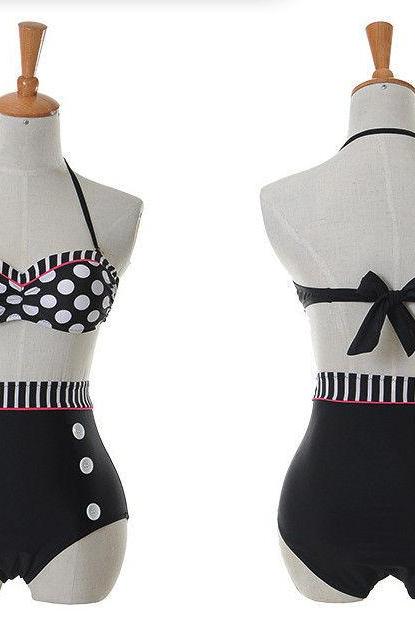 New Retro 50s Polka Black Dot Pin Up Vintage top bottom High Waist Ladies Bikini