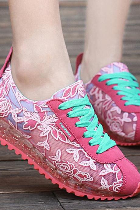 Women Summer Ladies embroidered Leisure Sport running breathable Mesh Flat Shoes