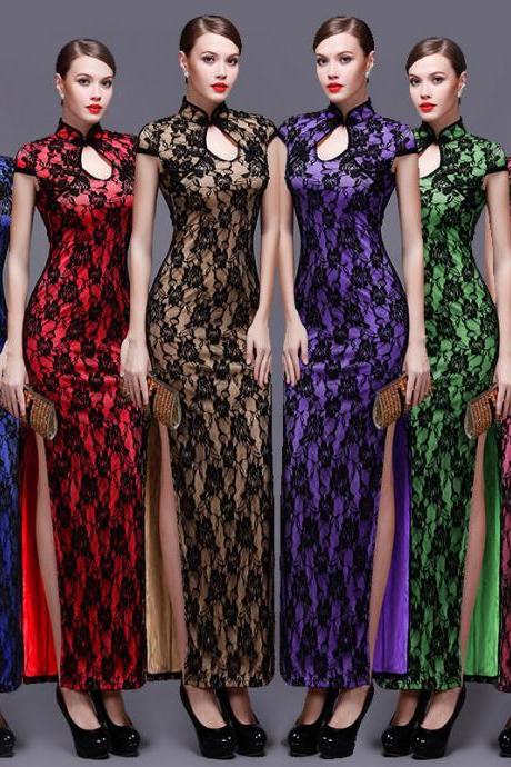 Sexy Chinese Women High Slit Dress Lace Evening Dress Cheongsam Long Dresses