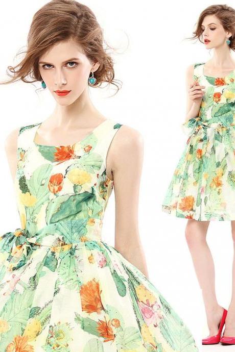 Spring Summer fashion Organza Floral Printed printing Sleeveless Dress Dresses