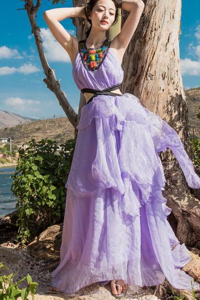 Women Chiffon Halter Front Cross Purple Color Bohemian Beach Strapless Dress