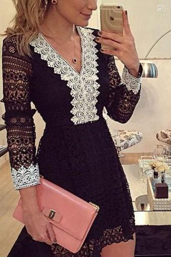 Sexy Women Lace V-neck Long Sleeve Casual Cocktail Evening Party Mini Dress