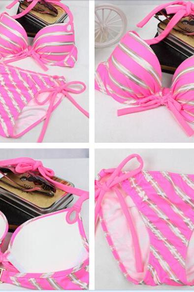 Nice Attractive Pink Stripes Sexy Luxury Breast Pad Women Bikini Swimsuit