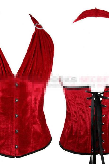Sexy Women Halter Red Color Bustier Elegant Velvet Corset Size Plus Size S - XXL