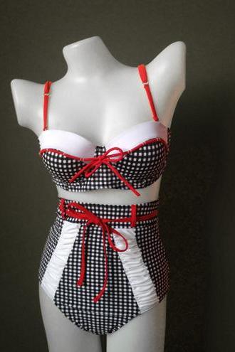 Women Retro Red Strap Vintage Pinup White Dot High Waisted Swimwear Bikini Set