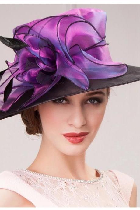 New Beautiful Women Church Hat Flower Fabric Organza Brim Winter Dress Sun Hat