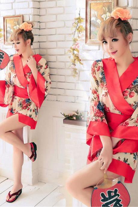 Sexy Japan Women Girl Cosplay Red Japanese Kimono Lingerie Floral Dress Thong