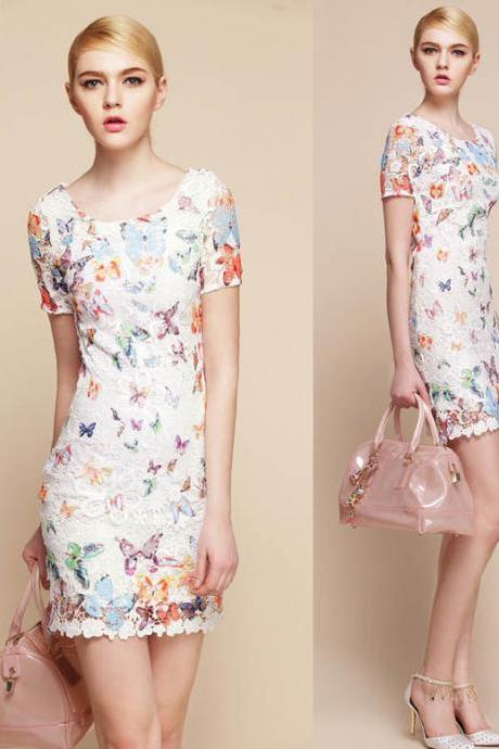 Women Fashion 3/4 Dress Butterfly Print Embroidery Mini Lace Dresses Dress