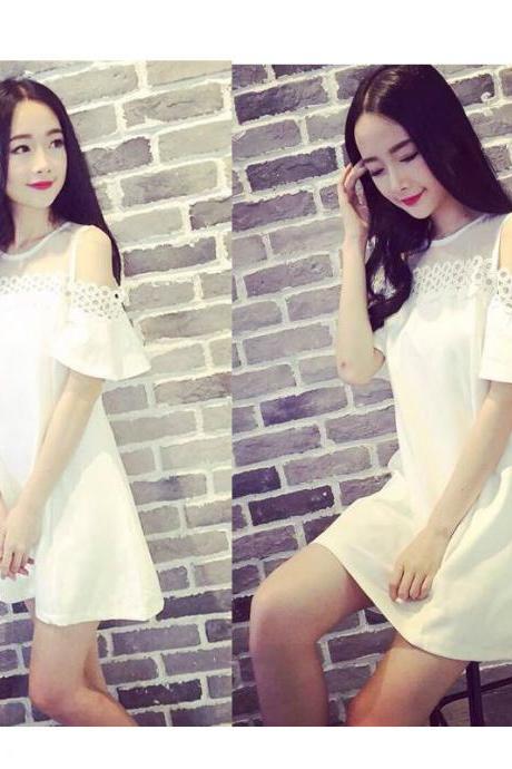 Korean Fashion Stitching Waist Gauze Lotus Leaf Sleeve Lace Women Long Dresses
