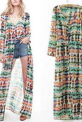 Trendy Women Stylish Bohemia Tie Dye Printing Button Up Long Cardigan Maxi Dress