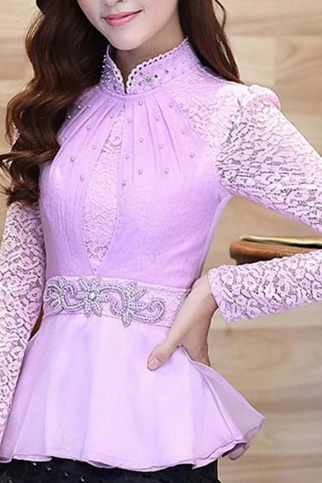 Luxurious Elegant Ladies Women Lace Blouse Long Sleeve Shirt Casual Fashion Tops