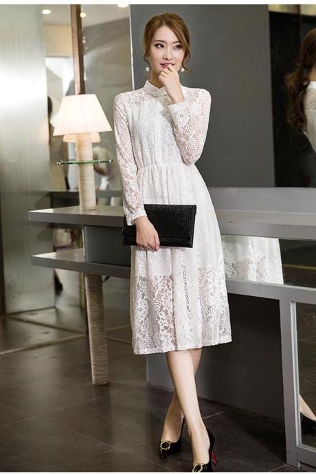 Autumn Winter Temperament Slim Long Sleeved Lace Bottoming Hollow Skirt Dresses