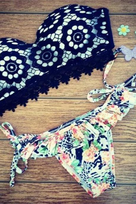 Geometric Floral Women Push Up Bikini Set Padded Bra Triangle Swimsuit Swimwear