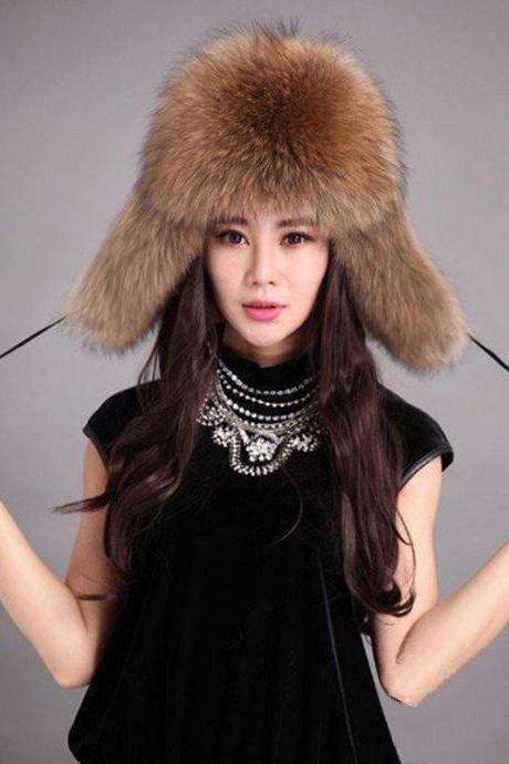 Real Genuine Raccoon Fur Brown Bomber Style Women Cap Chapka Hat For Winter