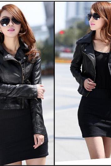 Women Ladies Slim Biker lapel Motorcycle PU Soft Leather Like Jacket Zipper Coat