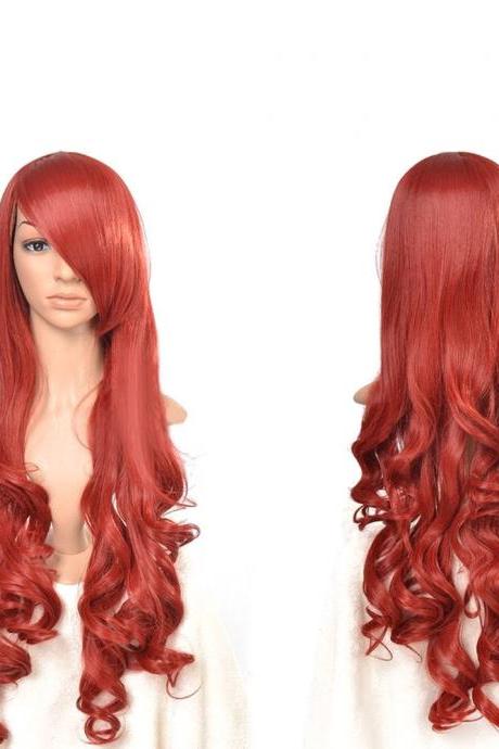 Anime wigs red + orange air volume High temperature silk wig cosplay 80CM Long