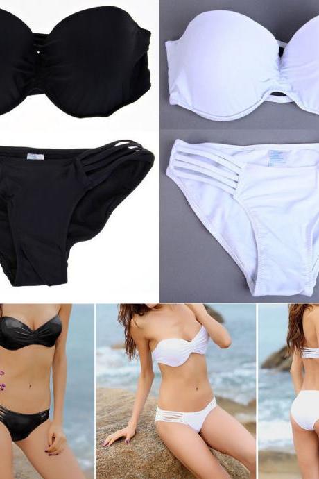 Black White Push-up Bandeau Top Strappy String Bikini Bottom Bikini Bathing Suit