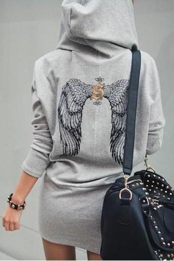 Fashion Women Angel Wings Printed Long Sleeve Jumper Hoodie Sweater Mini Dress