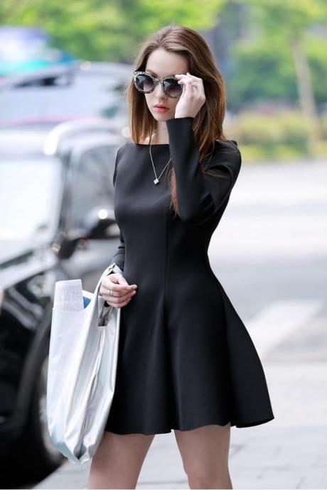 Fall European American Slim Long Sleeved Dress Collar Black Woman Folds Dresses