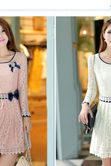 Women Ladies Fashion Korean Round Collar Lace Stitching Waisted Casual Dress