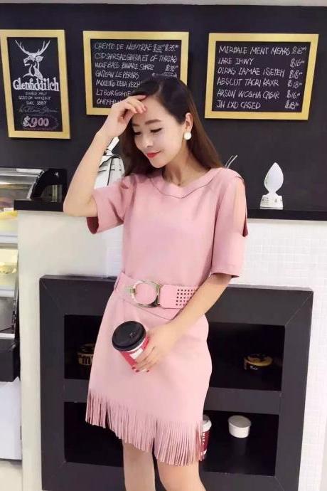 European Style Slim Thin Women Pink Suede Skirt Long Sleeved Dress Dresses