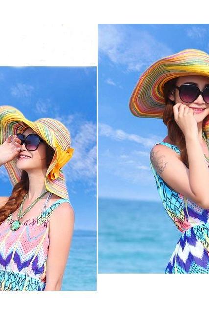 Spring Bow Sandy Beach Travel Large Visor Foldable Sunscreen Bohemia Straw hat